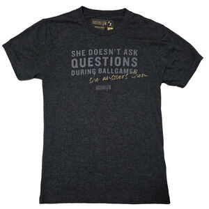 Baseballism "She Answers Them" Graphic T-Shirt Gray Mens Small Baseball Fan Tee